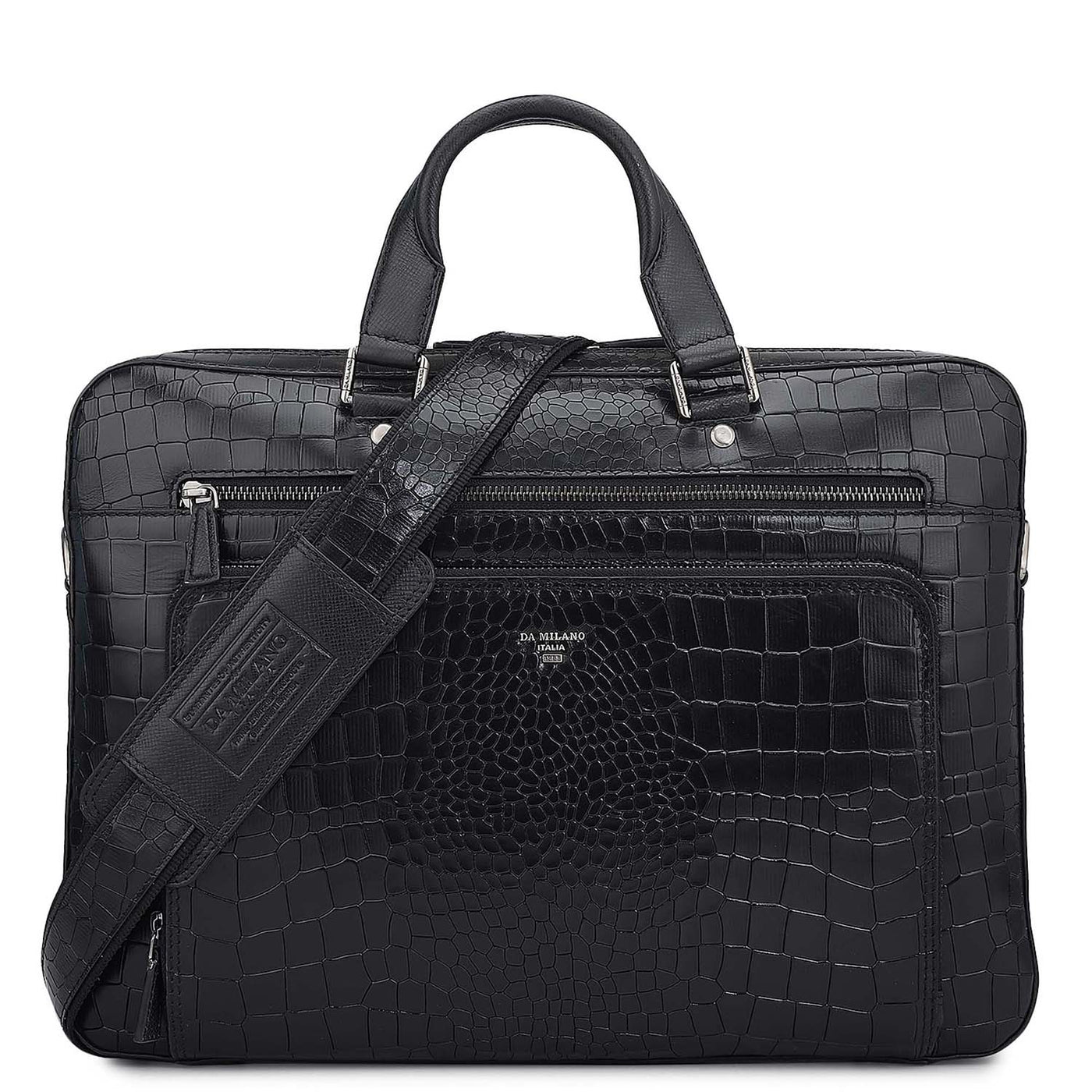 Croco Leather Laptop Bag - Black