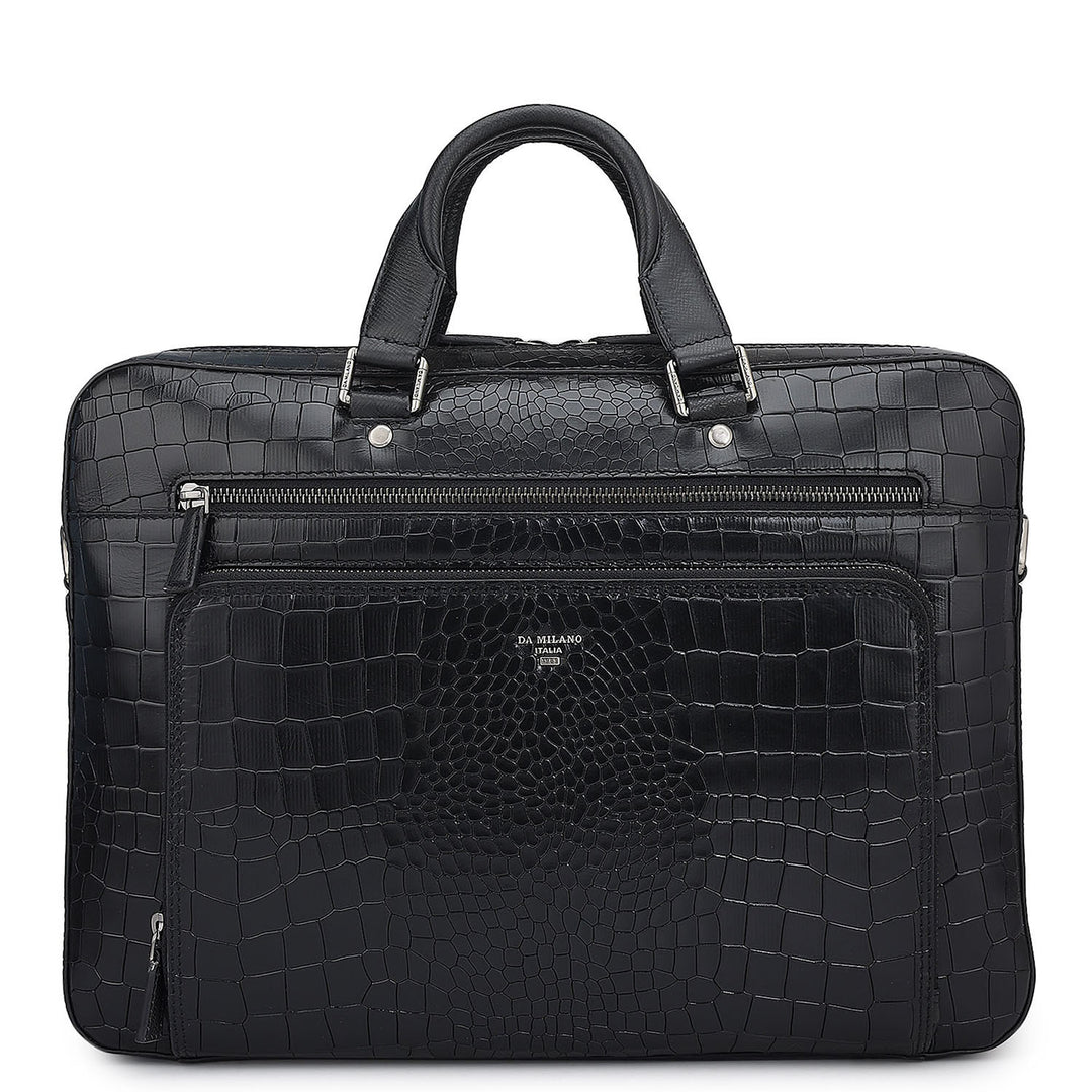 Croco Leather Laptop Bag - Black