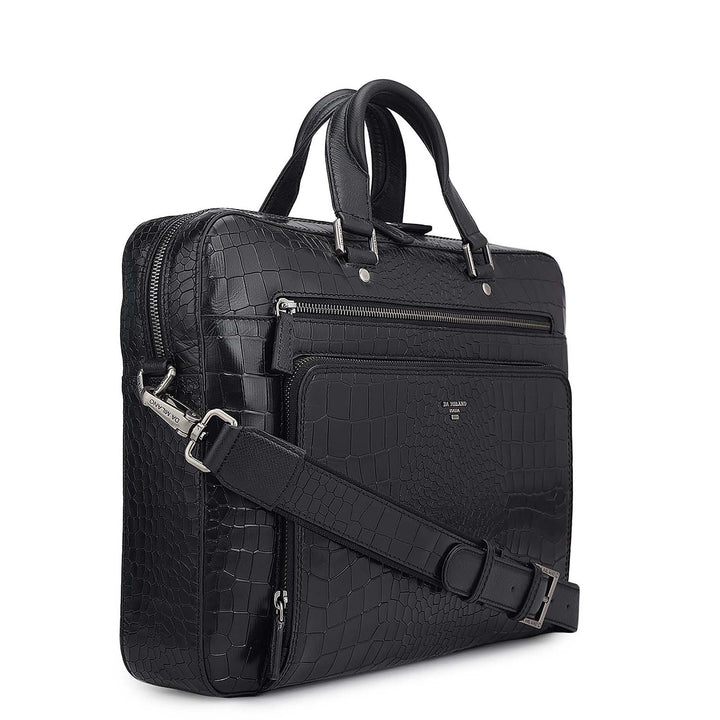 Croco Leather Laptop Bag - Black