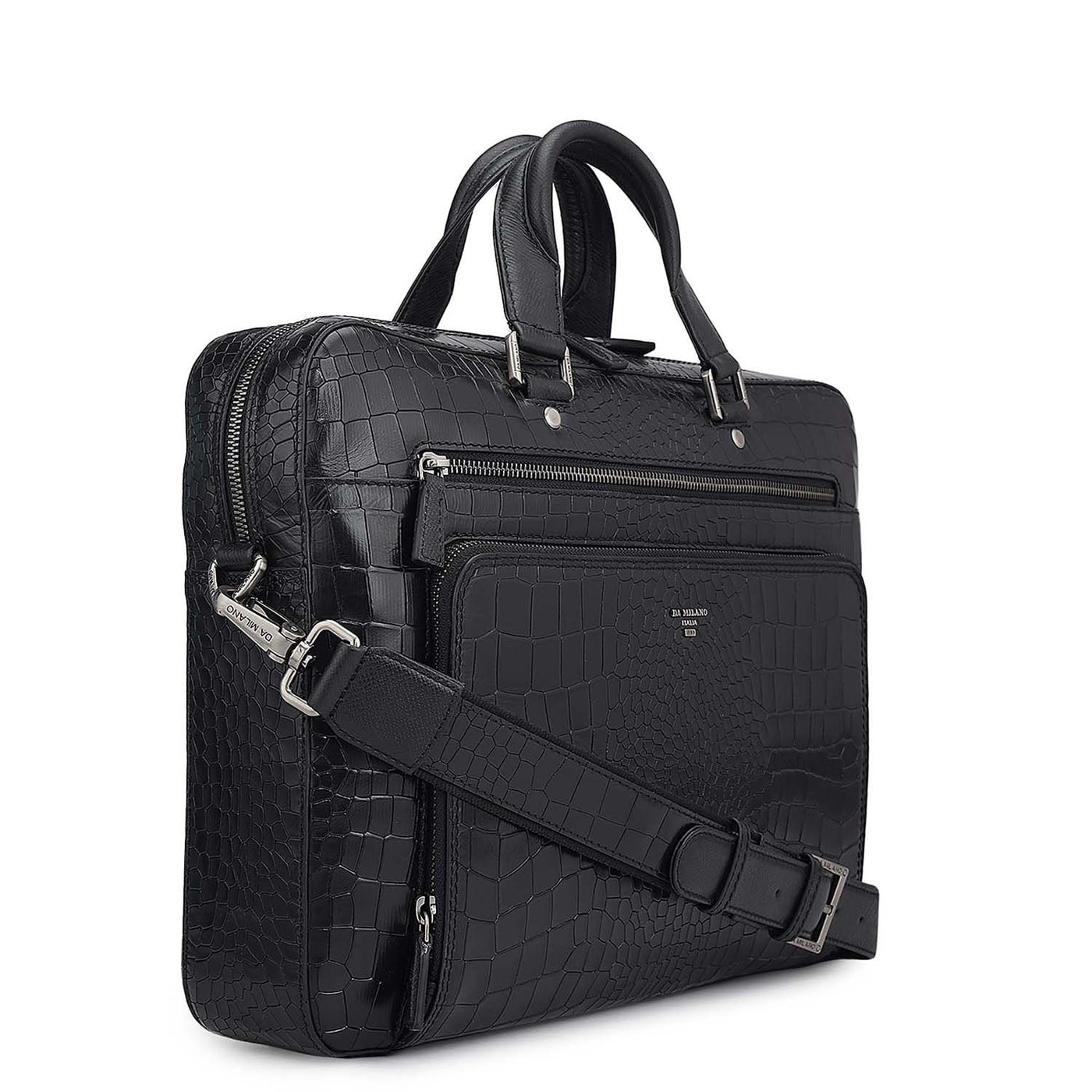 Croco Leather Laptop Bag - Black