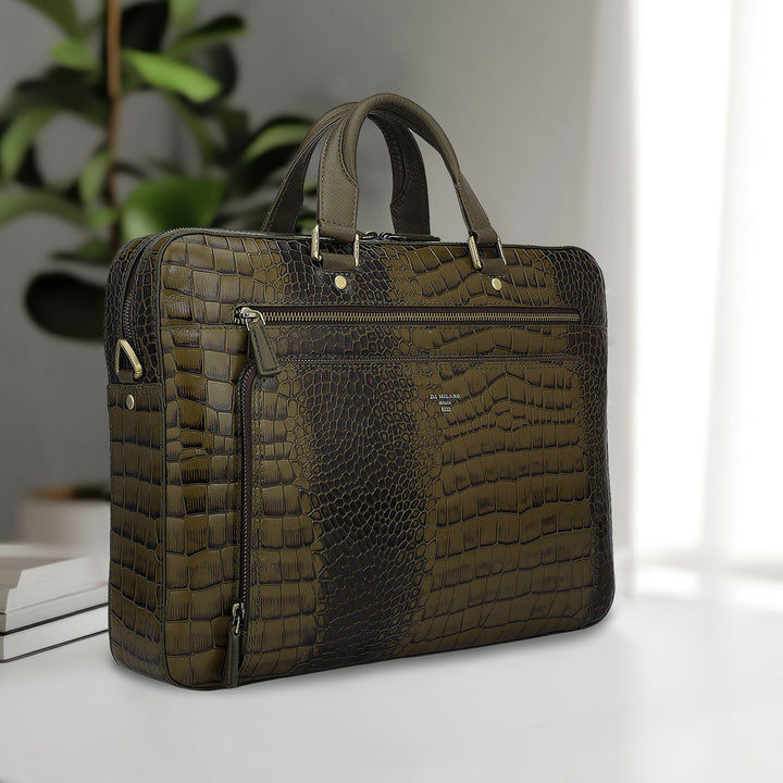 Croco Leather Laptop Bag - Military Green