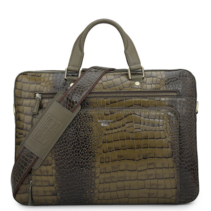 Croco Leather Laptop Bag - Military Green