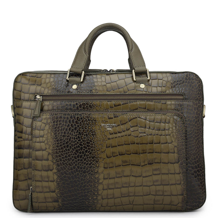 Croco Leather Laptop Bag - Military Green