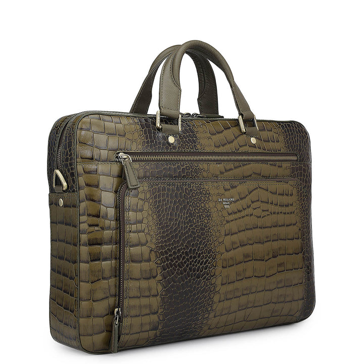 Croco Leather Laptop Bag - Military Green