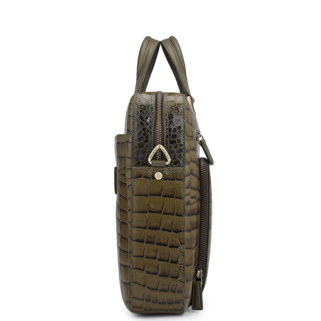 Croco Leather Laptop Bag - Military Green