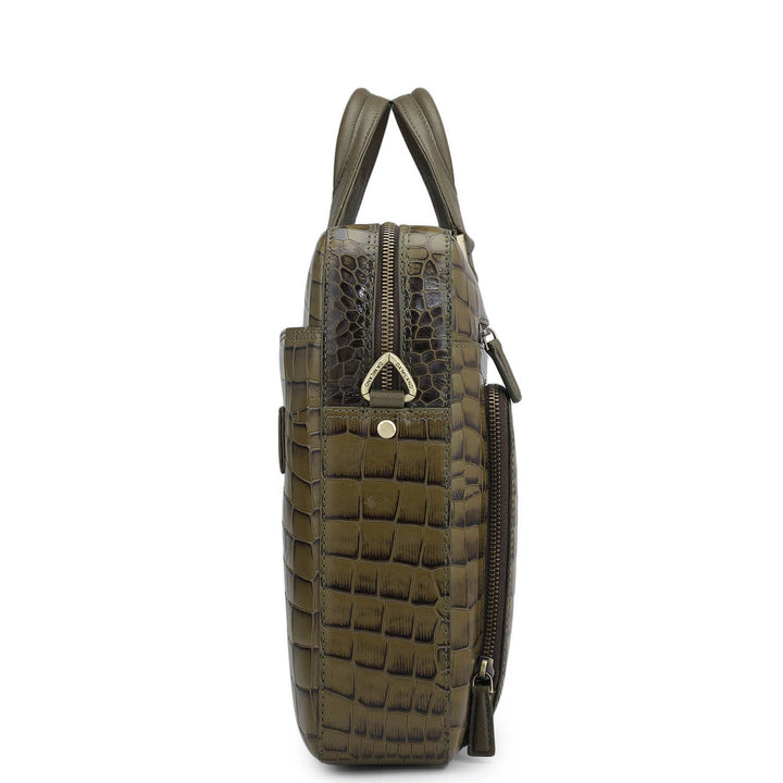 Croco Leather Laptop Bag - Military Green