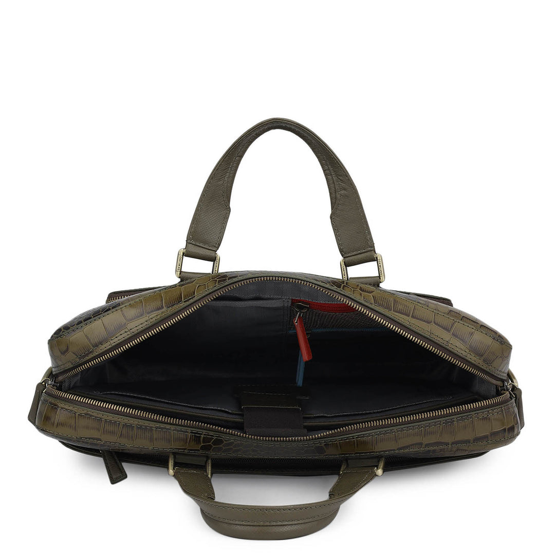 Croco Leather Laptop Bag - Military Green