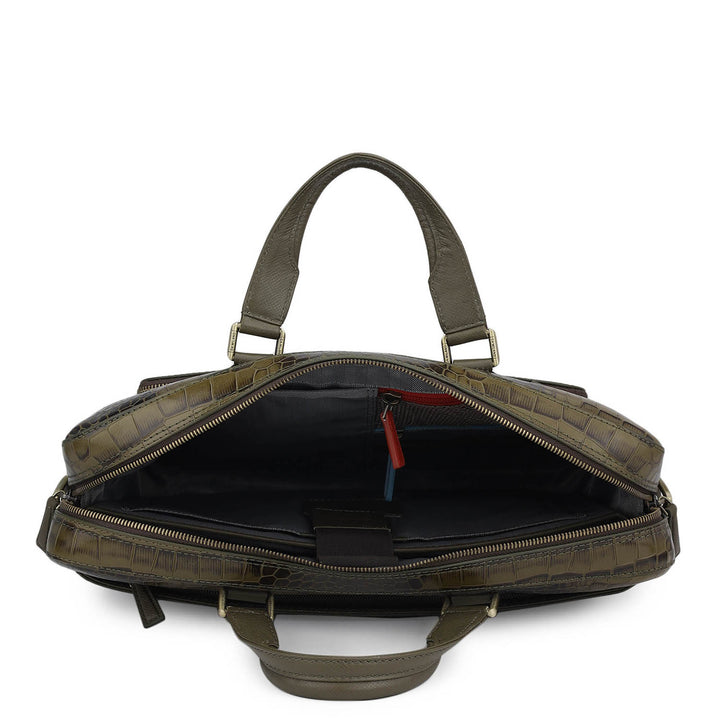 Croco Leather Laptop Bag - Military Green