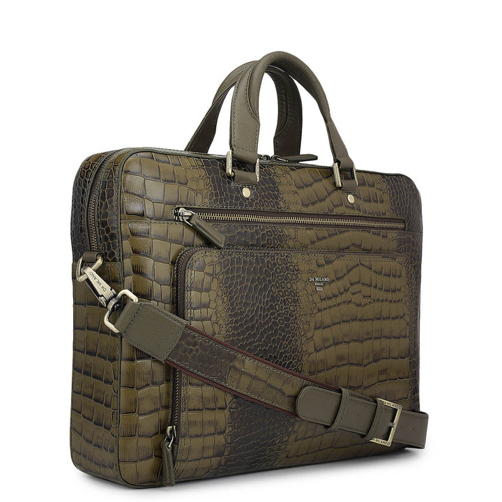 Croco Leather Laptop Bag - Military Green