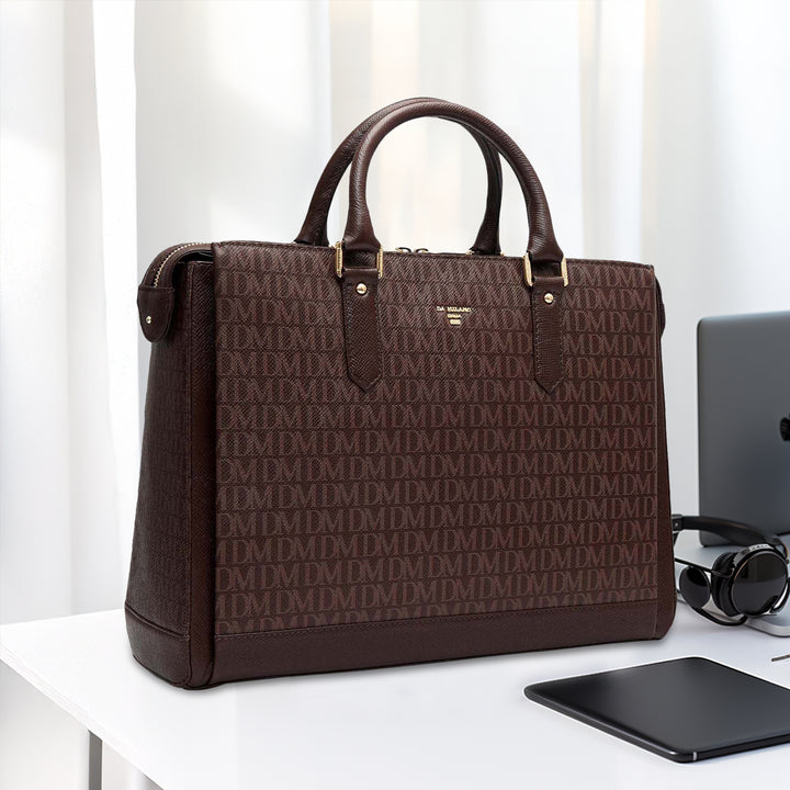 Monogram Franzy Leather Laptop Bag - Chocolate