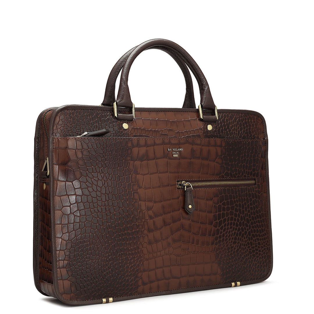 Croco Leather Laptop Bag - Brown