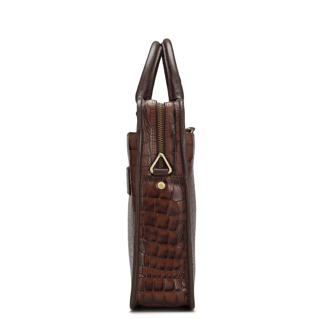 Croco Leather Laptop Bag - Brown