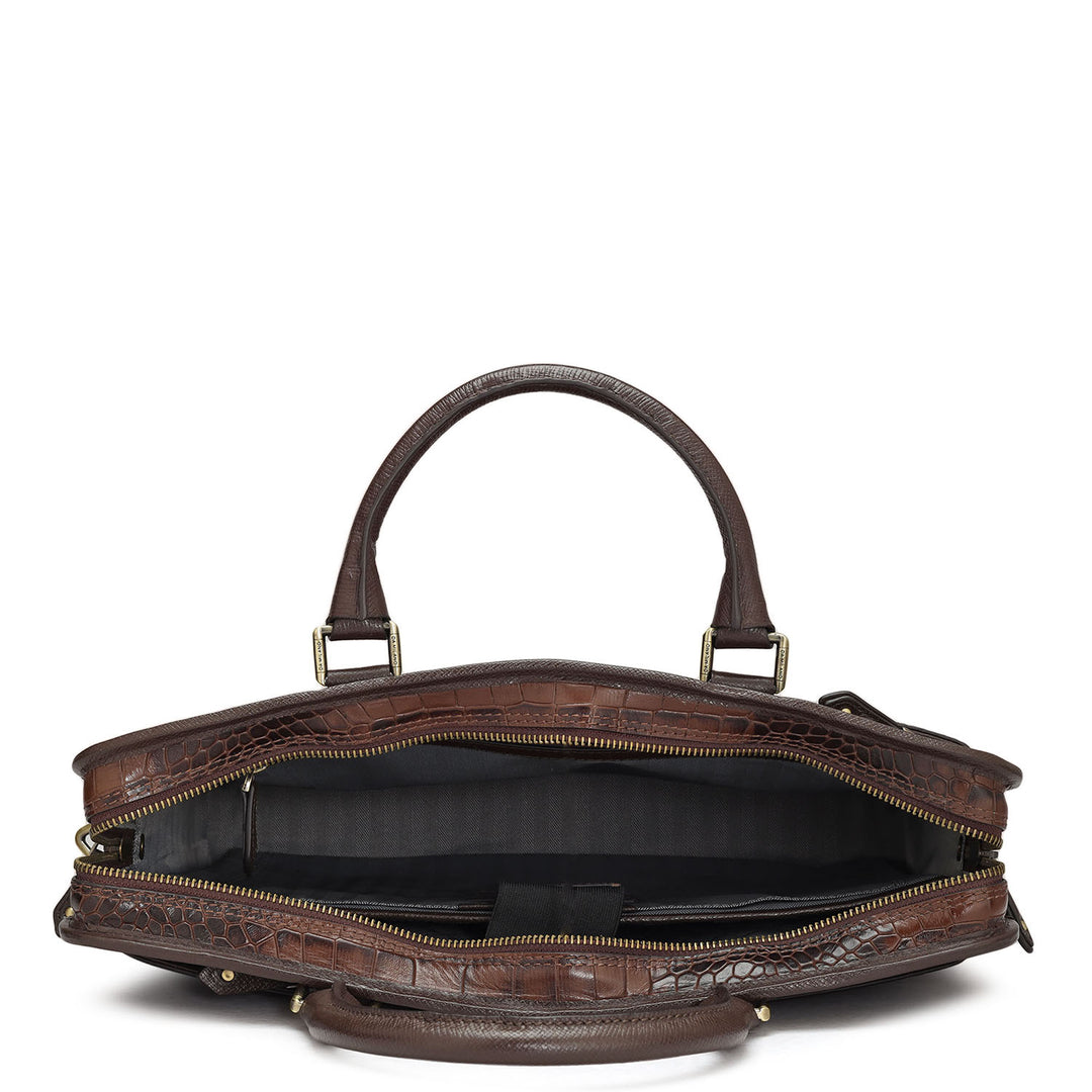 Croco Leather Laptop Bag - Brown