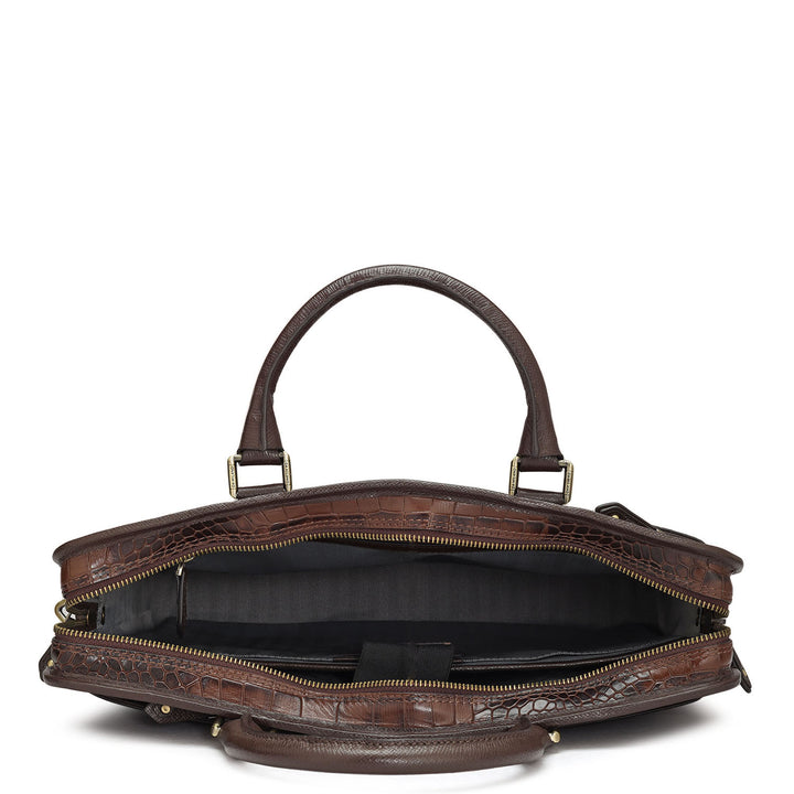 Croco Leather Laptop Bag - Brown
