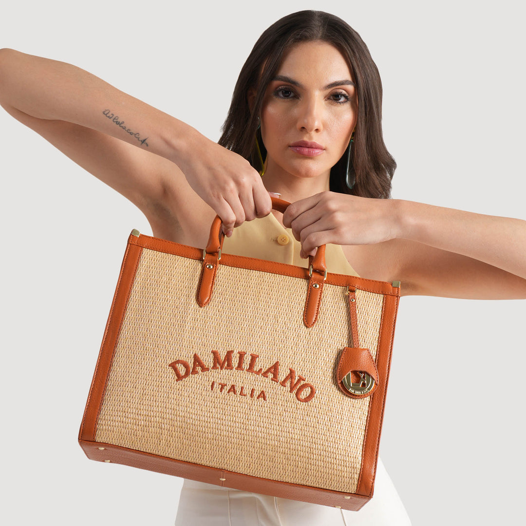 Medium Raffia Wax Leather Book Tote Beige Orange