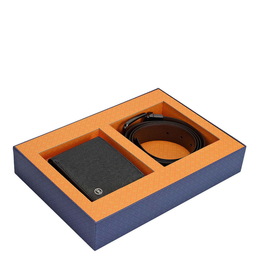 Saffiano Leather Men's Wallet & Belt Gift Set - Black