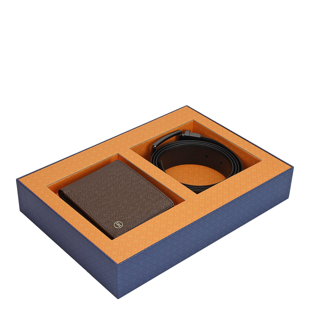 Walnut Saffiano Franzy Leather Mens Wallet & Belt Gift Set