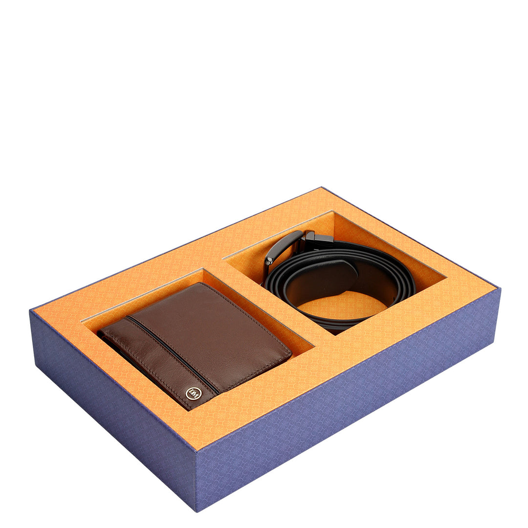 Brown Plain Leather Mens Wallet & Belt Gift Set