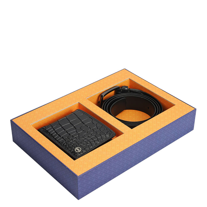 Black Croco Leather Mens Wallet & Belt Gift Set