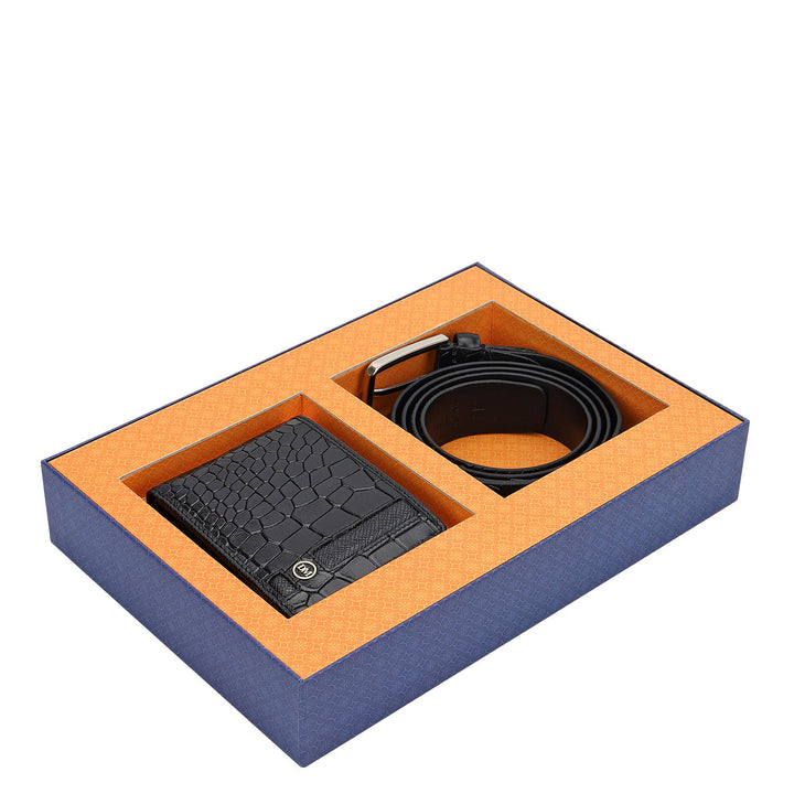 Croco-Texture Leather Men's Gift Set - Black