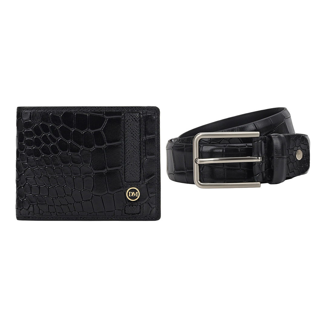 Croco-Texture Leather Men's Gift Set - Black