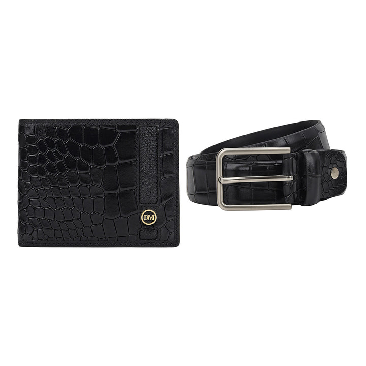 Croco-Texture Leather Men's Gift Set - Black