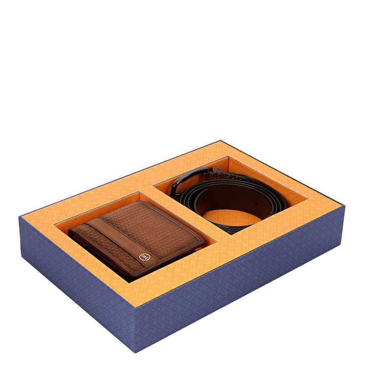 Mat-Emboss Leather Men's Gift Set - Cognac