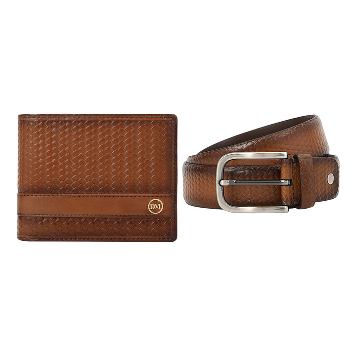 Mat-Emboss Leather Men's Gift Set - Cognac