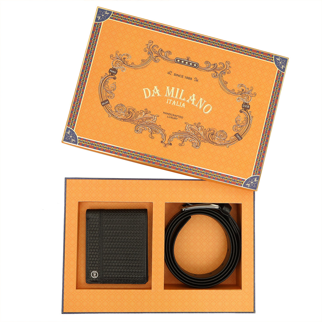 Embossed Leather Men's Gift Set - Black