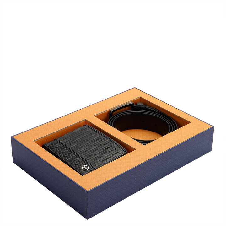 Embossed Leather Men's Gift Set - Black