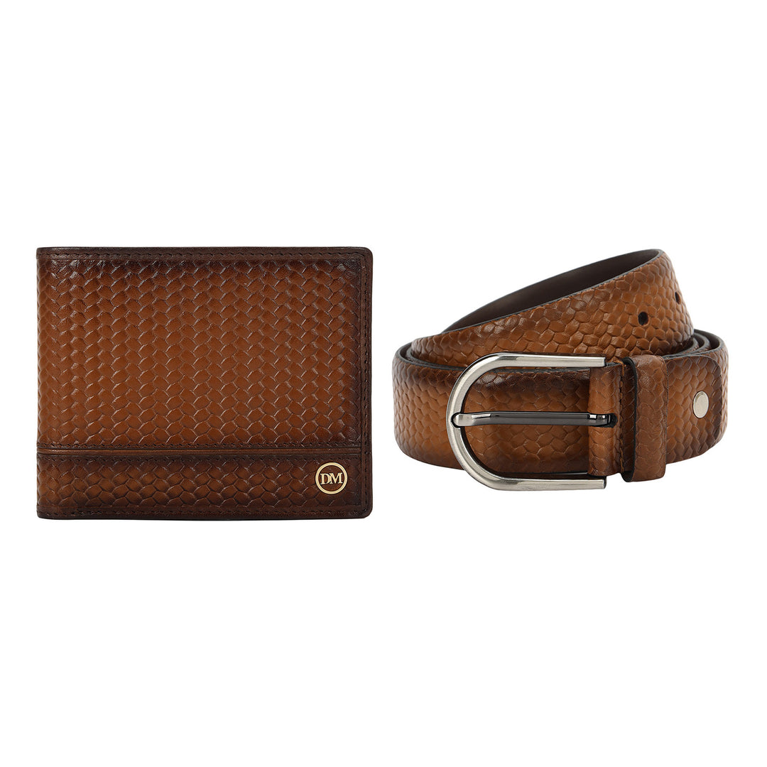 Embossed Leather Men's Gift Set - Cognac