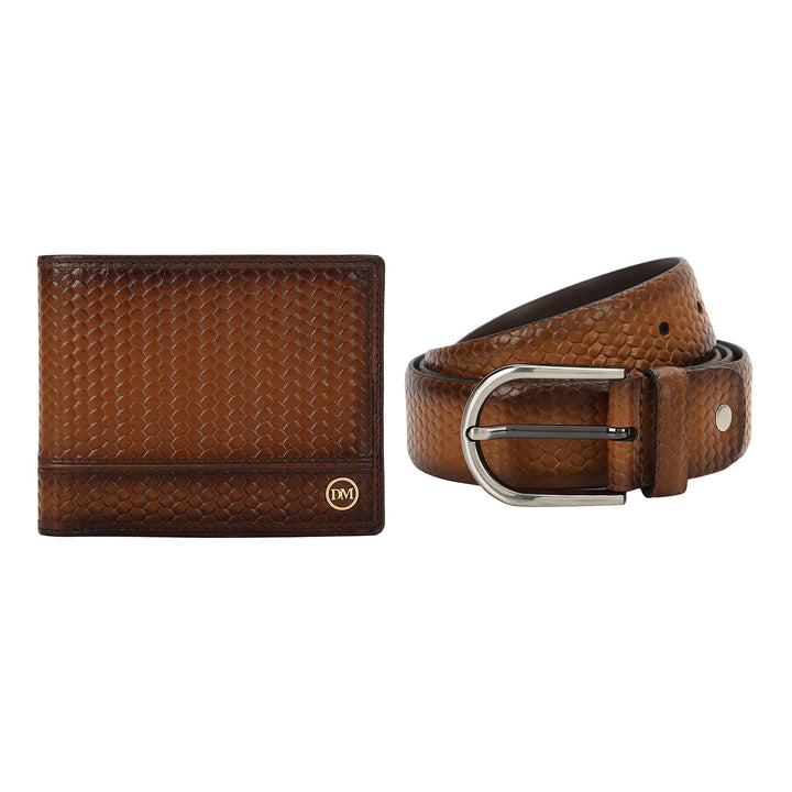 Embossed Leather Men's Gift Set - Cognac