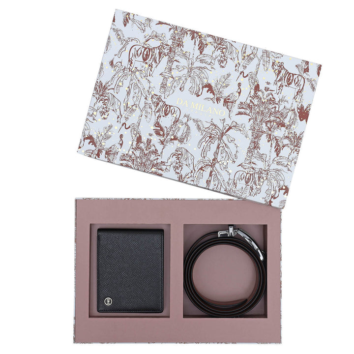 Black Saffiano Franzy Leather Mens Wallet & Belt Gift Set