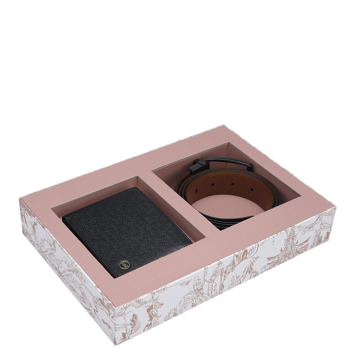 Black Saffiano Franzy Leather Mens Wallet & Belt Gift Set