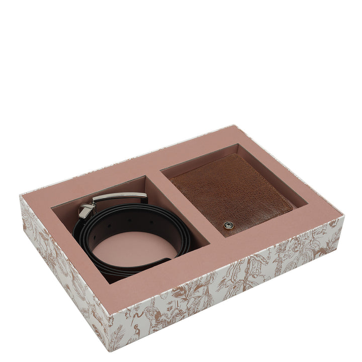 Brown & Black Elephant Pattern Leather Mens Wallet & Belt Gift Set