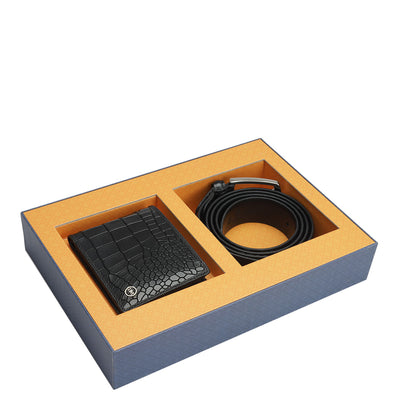 Black Croco Mens Wallet & Belt Gift Set