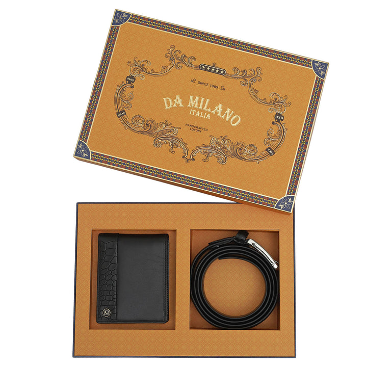 Black Plain Croco Mens Wallet & Belt Gift Set