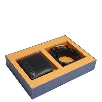 Black Plain Croco Mens Wallet & Belt Gift Set