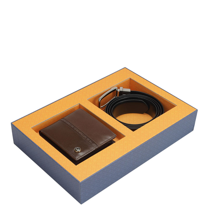 Brown Plain Mens Wallet & Belt Gift Set