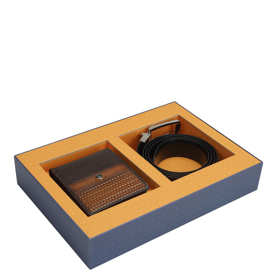 Brown Black Franzy Mat Emboss Mens Wallet & Belt Gift Set