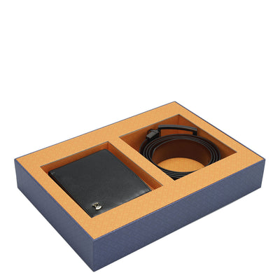 Black & Cognac Plain Leather Mens Wallet & Belt Gift Set
