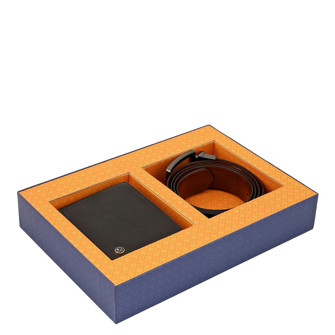 Plain Leather Men's Gift Set - Black & Cognac