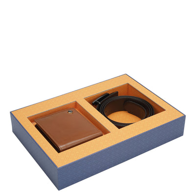 Cognac Plain Leather Mens Wallet & Belt Gift Set