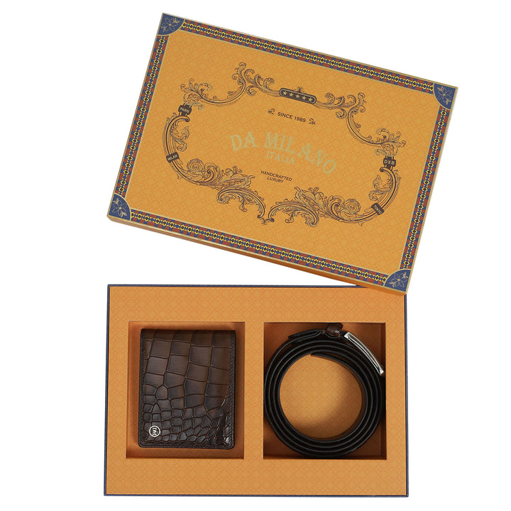 Croco Leather Mens Wallet & Belt Gift Set - Brown