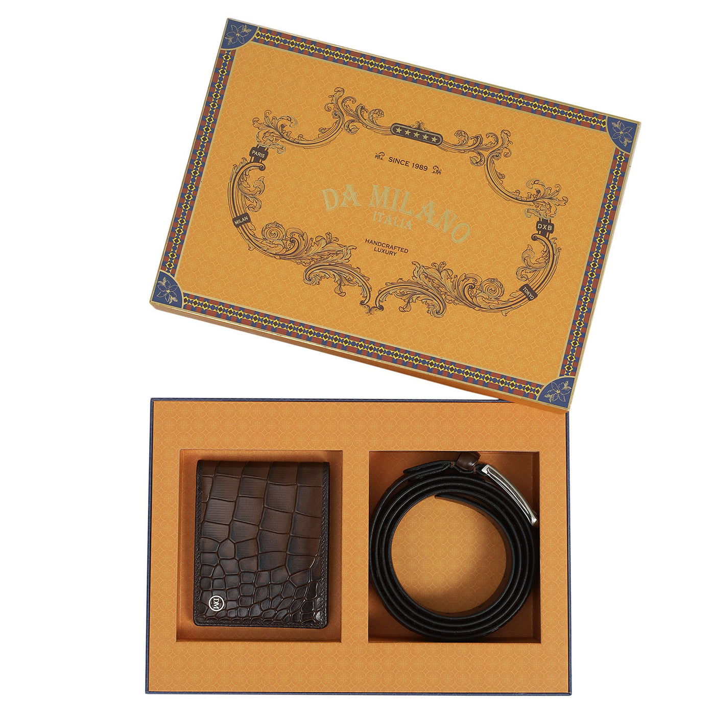 Croco Leather Mens Wallet & Belt Gift Set - Brown