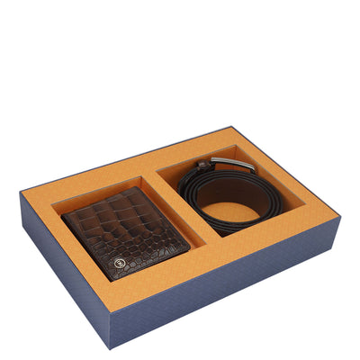 Croco Leather Mens Wallet & Belt Gift Set - Brown
