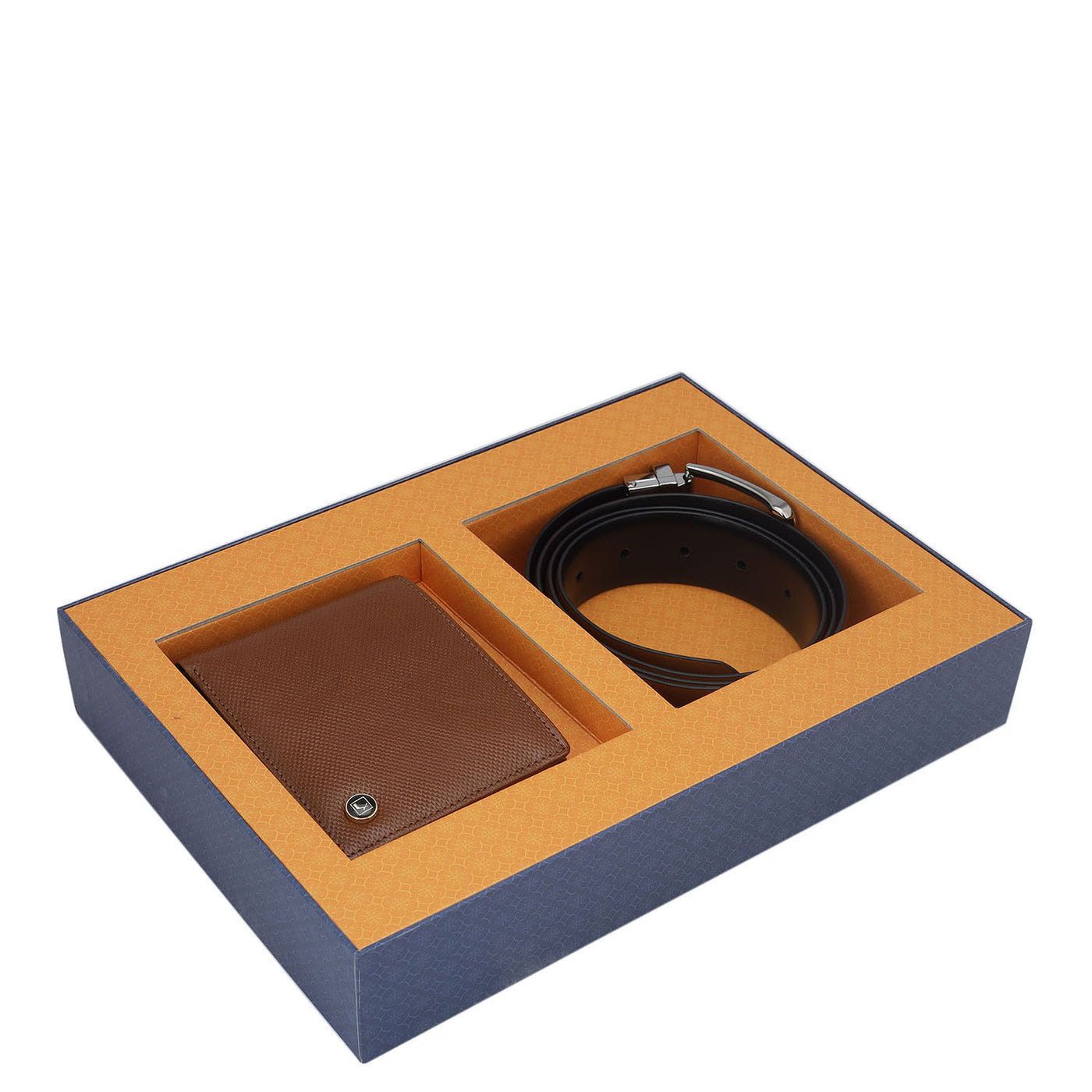 Cognac Fish Plain Leather Mens Wallet & Belt Gift Set
