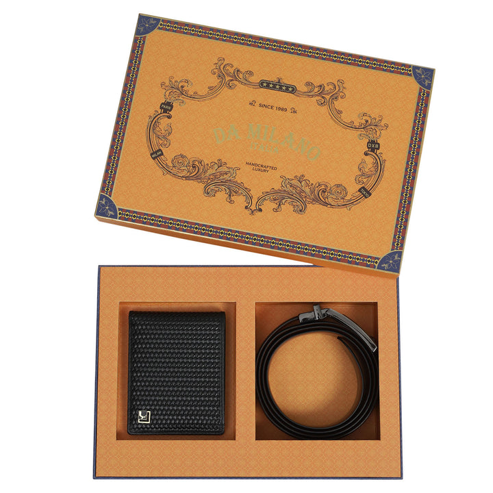 Mat Emboss Plain Leather Mens Wallet & Belt Gift Set - Black & Cognac