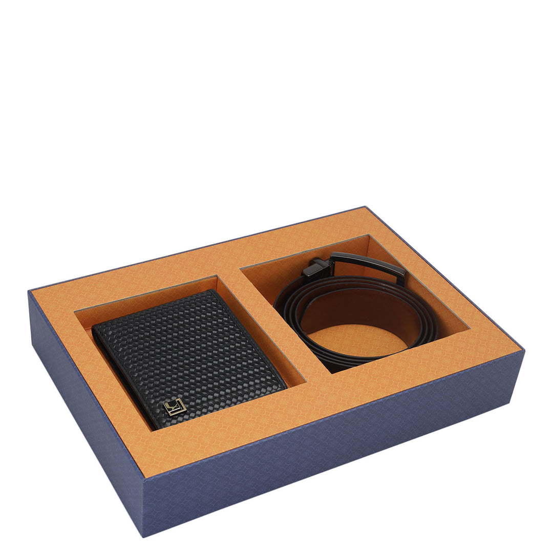 Mat Emboss Plain Leather Mens Wallet & Belt Gift Set - Black & Cognac