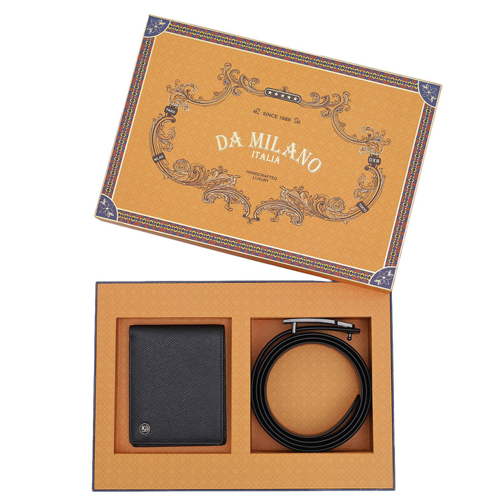 Black Saffiano Franzy Leather Mens Wallet & Belt Gift Set
